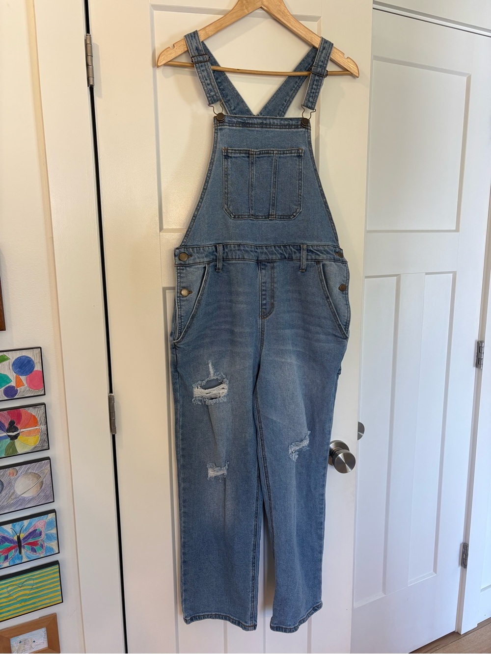 refuge Light Blue Distressed Denim Overalls for Women